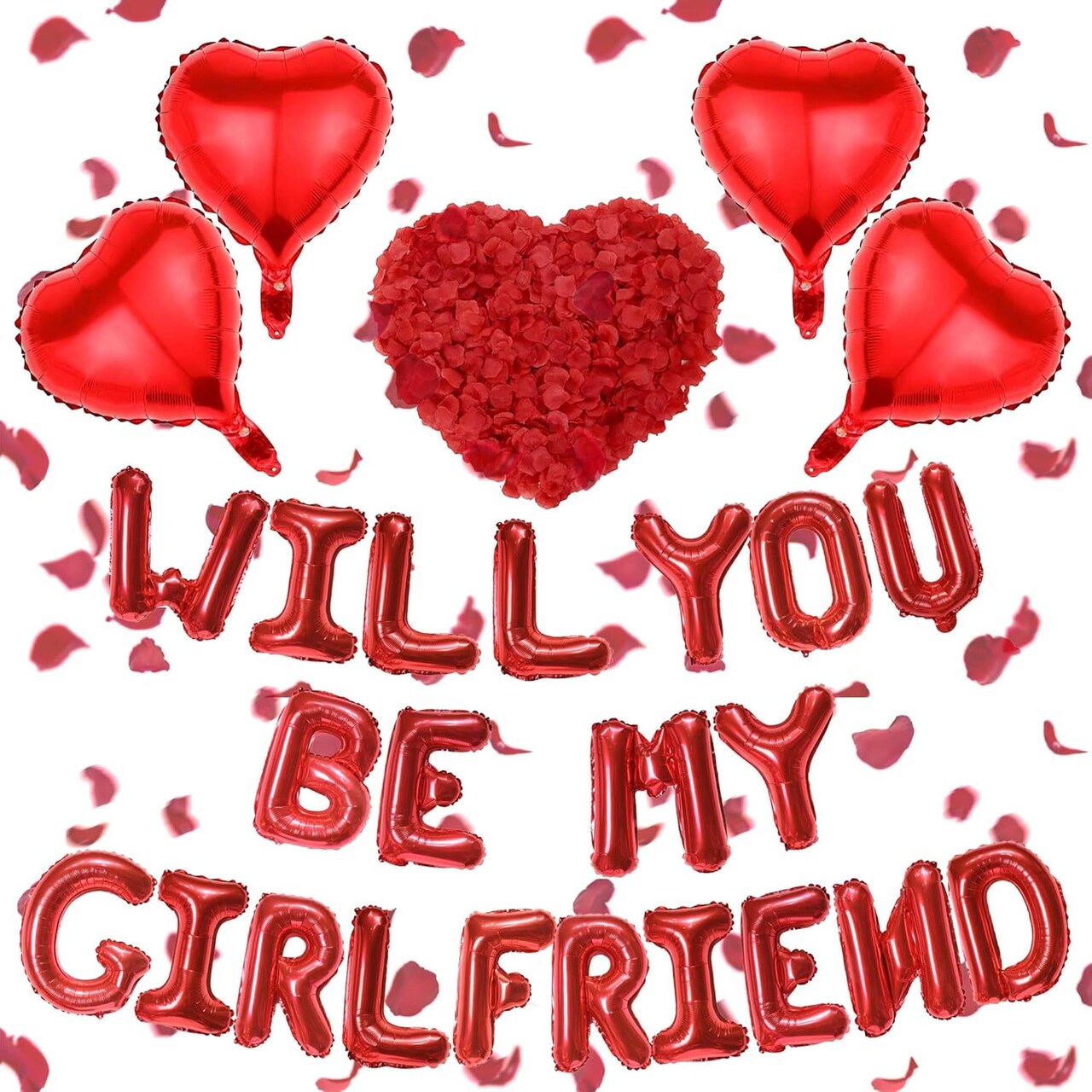 Will You Be My Girlfriend Balloon & 500 Rose Petals – 4 Red Heart Foil Balloons for Proposal & Valentine